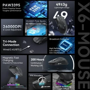 ATTACK SHARK X6 Tri-Mode Gaming Mouse with Charging Dock, 26000 DPI, PixArt PAW3395 Sensor, 49g Superlight