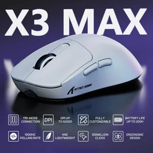 ATTACK SHARK X3MAX Wireless Gaming Mouse, PixArt PAW3950 Sensor, Up To 42000 DPI, Tri-Mode BT/2.4G/Wired, 49g Superlight, 200 Hours Battery, White