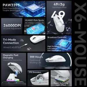 ATTACK SHARK X6 Tri-Mode Gaming Mouse with Charging Dock, 26000 DPI, PixArt PAW3395 Sensor, 49g Superlight