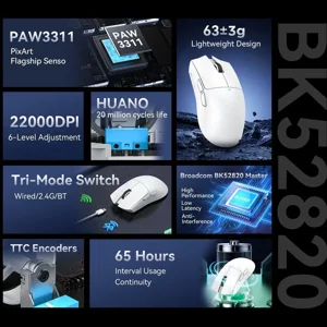 ATTACK SHARK X11SE Wireless Gaming Mouse, PixArt PAW3311 Sensor, Tri-Mode BT/2.4G/Wired, 59g Ultra-Light, 65 Hours Battery, White