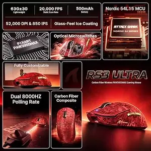 Attack Shark RS3 Ultra Carbon Fiber Wireless Gaming Mouse – 8K Polling, Carbon Fiber Red