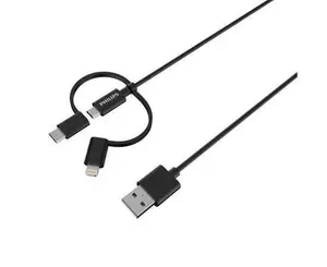 Philips Durable 3-in-1 Charging Cable 1.2m Braided USB to Lightning, Type-C & Micro USB for iPhone, Android & Tablets