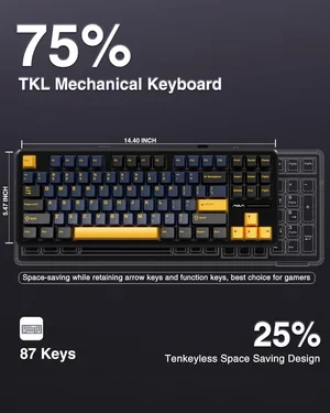 AULA F87 Thunder Black (Black + Dark Blue + Orange) Graywood Switch V3 Tri-Mode Mechanical Gaming Keyboard - Wireless Hot-Swap RGB