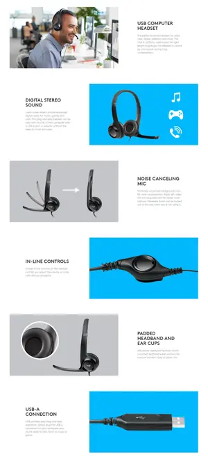 Logitech H390 USB-A Wired Headset Off-White – Noise-Cancelling Rotating Mic, In-Line Controls