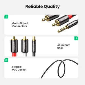 UGREEN 10590 3.5mm to 2RCA Audio Cable – Stereo AUX to RCA Male Cable, Black, 3 Meter