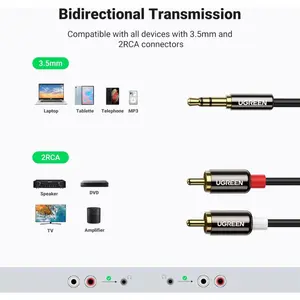 UGREEN 10590 3.5mm to 2RCA Audio Cable – Stereo AUX to RCA Male Cable, Black, 3 Meter
