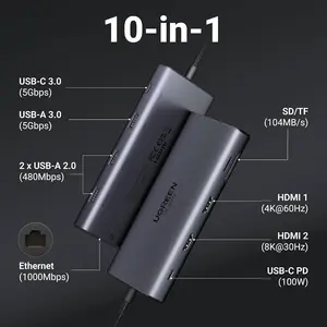 Ugreen 15534 USB-C Docking Station 10-in-1 – Dual 4K@60Hz / Single 8K@30Hz, Gigabit Ethernet, SD/TF, PD