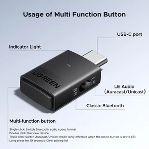 Ugreen 65708 Type-C Bluetooth Transmitter Audio Adapter – Dual Mode Bluetooth Classic & LE