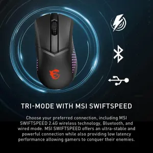 MSI CLUTCH GM51 LIGHTWEIGHT WIRELESS Gaming Mouse – Ultra-Light 85g, PAW-3395 Sensor, 26000 DPI, RGB, Dock Charging, Tri-Mode Connectivity