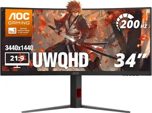 AOC CU34G4H 34" Curved Ultrawide WQHD 200Hz VA Gaming Monitor 0.3ms MPRT 21:9 1500R HDR10 Height Adjustable