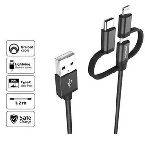 Philips Durable 3-in-1 Charging Cable 1.2m Braided USB to Lightning, Type-C & Micro USB for iPhone, Android & Tablets