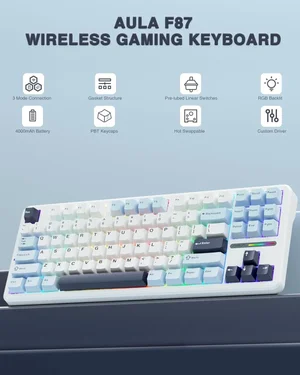 AULA F87 Light Grey + White + Blue Tri-Mode Mechanical Gaming Keyboard - Wireless Hot-Swap RGB