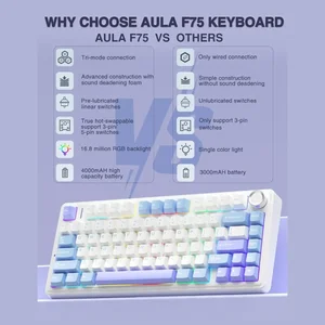 AULA F75 White + Blue + Purple Star Vector Switch Tri-Mode Mechanical Gaming Keyboard - Wireless Hot-Swap RGB