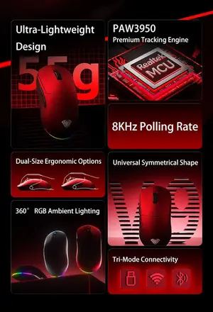 AULA V9 Ultra PAW3950 8KHz 42000DPI Wireless Gaming Mouse Red