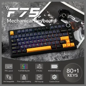 AULA F75 Thunder Black (Black + Dark Blue + Orange) Reaper Switch Tri-Mode Mechanical Gaming Keyboard - Wireless Hot-Swap RGB