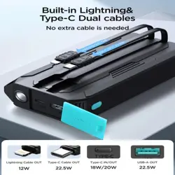 Joyroom JR-L017 22.5W Power Bank With Built in 2 in 1 Cables with SOS Light 10000mAh - Black