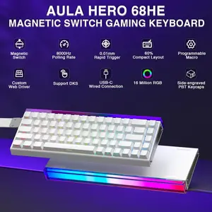 Aula Hero 68 HE 60% Gaming Keyboard Wired, Hall Effect Magnetic Switch Keyboard with Adjustable Actuation, Rapid Trigger Mode, 8K Hz Polling Rate, 0.125ms Latency, Side Printed PBT Keycaps, RGB Backlit, White