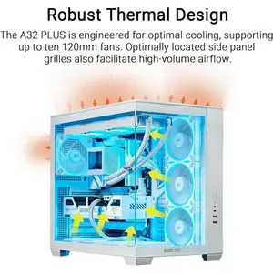 ASUS A32 Plus TG ARGB Mid-Tower ATX PC Case White with 4 ARGB Fans