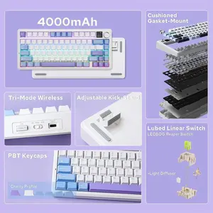 AULA F75 Max Glacier Blue (Light Blue + White + Black Purple) Reaper Switch Tri-Mode Mechanical Gaming Keyboard - Wireless Hot-Swap RGB
