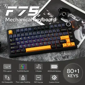 AULA F75 Thunder Black (Black + Dark Blue + Orange) Graywood Switch V3 Tri-Mode Mechanical Gaming Keyboard - Wireless Hot-Swap RGB