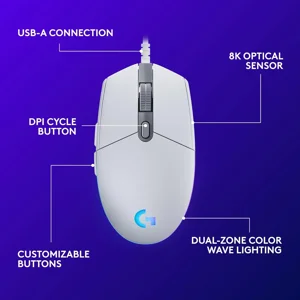 Logitech G203 Lightsync Wired Gaming Mouse - White, 8000 DPI, 6 Programmable Buttons, RGB Lighting - 910-005797