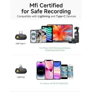 Maono Wave T1 Mini PBC2 Wireless Lavalier Microphone Type-C & Lightning Receiver | AI Noise Reduction 100m Range Vlogging Streaming Interview Mic System