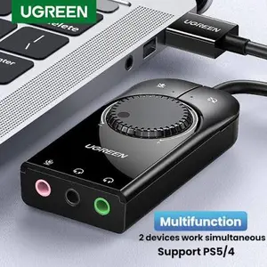 UGREEN USB External Stereo Sound Card Adapter 15cm USB to 3.5mm Headphone & Microphone Audio Converter Plug & Play Black