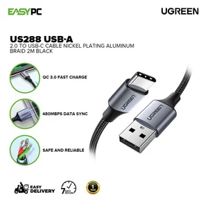 UGREEN US288 USB-A 2.0 to USB-C Fast Charging & Data Cable 1M Black – Nickel Plated Aluminum Type-C Cable for Android Phones, Tablets & USB-C Devices