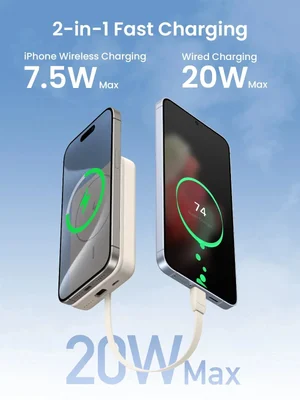 UGREEN PB760 10000mAh Mini Magnetic Wireless Power Bank White – 20W PD Fast Charging Power Bank with Built-In USB-C Cable, MagSafe Compatible Portable Charger