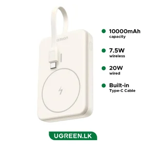 UGREEN PB760 10000mAh Mini Magnetic Wireless Power Bank White – 20W PD Fast Charging Power Bank with Built-In USB-C Cable, MagSafe Compatible Portable Charger