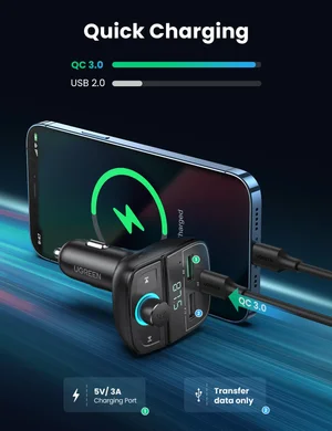 UGREEN CD229 Bluetooth 5.0 FM Transmitter & 31.5W Car Charger with TF Card Slot – USB-C PD + USB-A Fast Charging Adapter Black