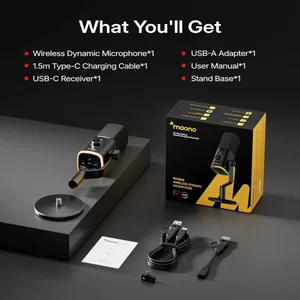 Maono PD100WS Wireless Podcast Microphone with Stand | 7-Layer Noise Reduction 3-Level Adjustable Noise Control Wired & Wireless Mode 1500mAh Battery Mic System