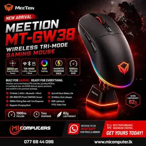 Meetion GW38 Black Wireless Gaming Mouse – Wired + 2.4G + Bluetooth Tri-Mode, 8000 DPI, Charging Dock