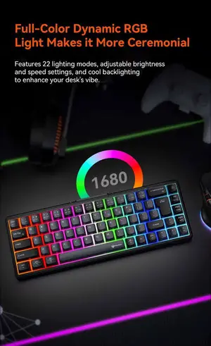 Meetion MK12 Black Mechanical Keyboard – Wired + 2.4G + 3-Channel Bluetooth Tri-Mode, Hot-Swappable, RGB Backlit, 65% Layout