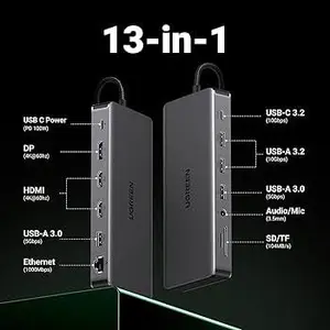UGREEN USB-C to 2x USB-A 3.2 2x USB-A 3.0 1x USB-C 3.2 2x HDMI DP RJ45 SD TF 3.5mm PD Port Converter 13-in-1 10Gbps