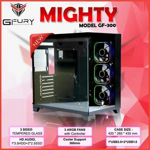 GFURY MIGHTY GF300 Gaming PC Case Black 3 Sided Tempered Glass Mid Tower ATX ARGB 3 Fans Controller USB 3.0 360mm Liquid Cooler Support Gaming Casing Pakistan