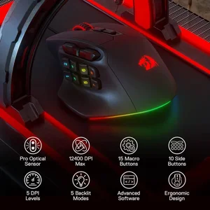 Redragon Aatrox M811 Wired RGB MMO Gaming Mouse – 12400 DPI PixArt Sensor, 15 Programmable Buttons, 10 Side Macro Keys, Ergonomic Gaming Mouse
