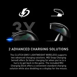 MSI Clutch GM51 Lightweight Wireless Gaming Mouse & Charging Dock, 26K DPI Optical Sensor, 2.4G & Bluetooth, 60M Omron Switches, Fast-Charging, 150Hr Battery, RGB, 5 Programmable Buttons, PC/Mac