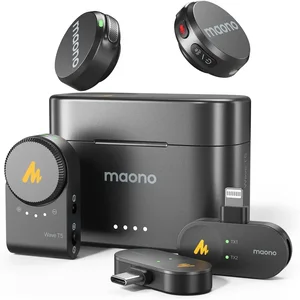 Maono Wave T5 PC2 Wireless Lavalier Microphone Type-C Receiver | 300m Range AI Noise Reduction 30H+ Battery Life Vlogging Streaming Interview Mic System
