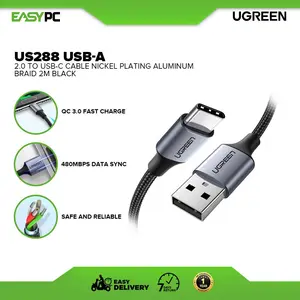 UGREEN US288 USB-A 2.0 to USB-C Fast Charging & Data Cable 1M Black – Nickel Plated Aluminum Type-C Cable for Android Phones, Tablets & USB-C Devices