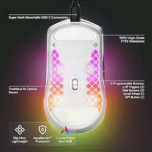 SteelSeries Aerox 3 Onyx Gaming Mouse Snow White – Ultra Lightweight 59g RGB Gaming Mouse, TrueMove Core Sensor, AquaBarrier™ Protection