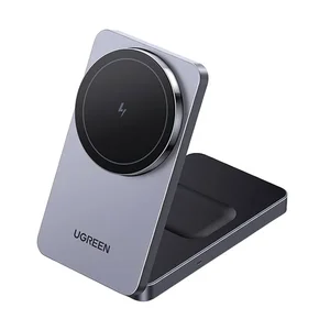 UGREEN W528 2-in-1 Magnetic Wireless Charger for iPhone & AirPods – MagSafe Compatible Fast Charging Stand, Grey