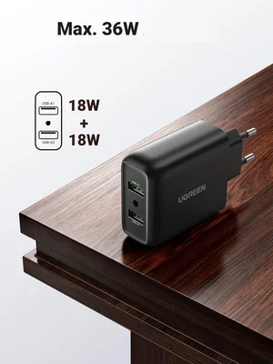 UGREEN CD161 Dual USB-A QC 3.0 36W Fast Wall Charger Black | Dual Port Quick Charge Adapter for Android Smartphones & Tablets