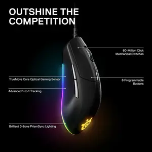 SteelSeries Rival 3 Gen 2 RGB Gaming Mouse Black – 8500 DPI TrueMove Core Sensor, 6 Programmable Buttons, Ultra-Lightweight Esports Mouse