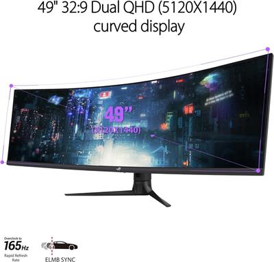 Asus ROG Strix XG49WCR Ultra-wide Gaming Monitor 49" Double QHD (5120 x 1440) Curved, 165Hz OC ELMB Sync, DisplayHDR 400, USB Type-C, Smart KVM
