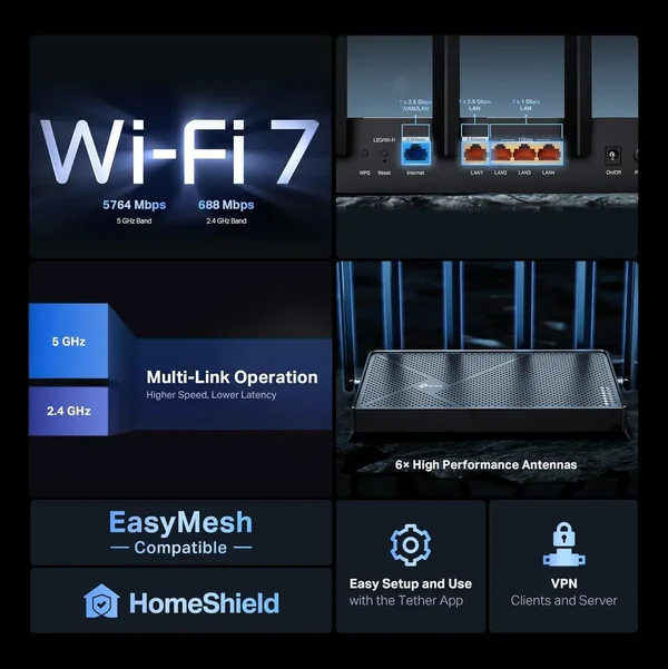 TP-Link Archer BE400 BE6500 Dual-Band WiFi 7 Router