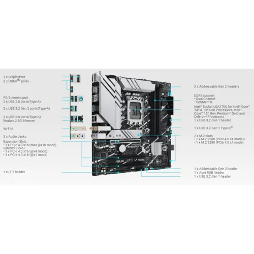 ASUS Prime B760M-A WIFI Motherboard – LGA 1700, Intel B760 Chipset, DDR5, PCIe 4.0, Wi-Fi 6, Micro-ATX