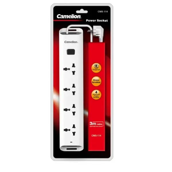 Camelion CMS-114 Standard Safety Power Extension Strip with 4 Universal Sockets, Master Power Switch, Overload Protection, and 3 Meter Heavy-Duty Cable (White)
