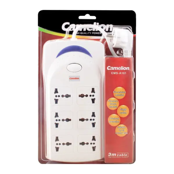 Camelion CMS-A161 Premium Safety Power Extension Strip with 6 Universal Sockets, Master Power Switch, Overload Protection, and 3 Meter Heavy-Duty Cable