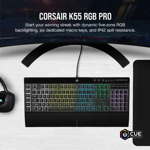Corsair K55 RGB PRO Membrane Wired Gaming Keyboard – IP42 Dust and Spill-Resistant – 6 Macro Keys with Elgato Integration – iCUE Compatible – QWERTY NA – PC, Mac, Xbox – Black